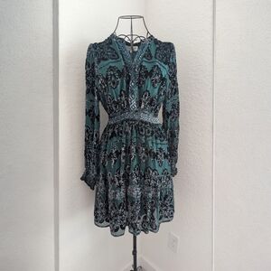 Hale Bob Teal and Black Patterned Long Sleeve Dress